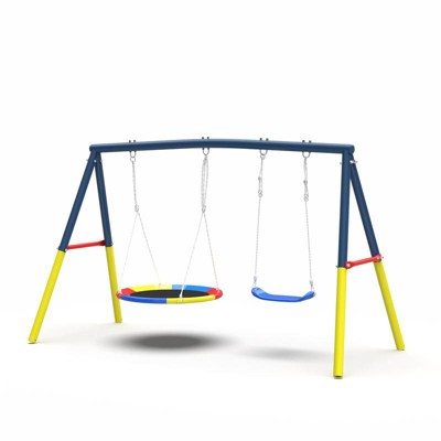 Aukfa 3 in 1 Outdoor Swing Set - 32'' Saucer Swing + Belt Swing + Slide, A-Frame Frame, Easy Install for Backyard/Patio