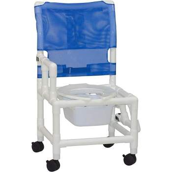 MJM International Corporation Shower chair 18Inch internal width open seat 3Inch dual drop arms drop down 10 qt slide out commode pail 300 lbs wt