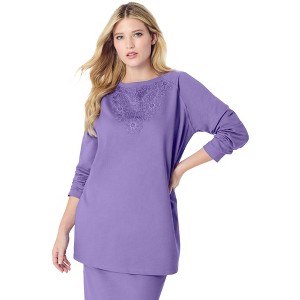 Roaman's Women's Plus Size Lace Appliqué Acid Wash Sweatshirt - 1 of 4