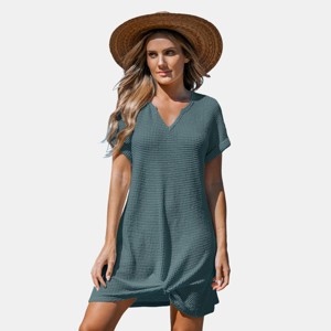 Women's Ivory/Khaki/Green/Blue Notched Neck Short Sleeve Cover-Up Dress - Cupshe - 1 of 4