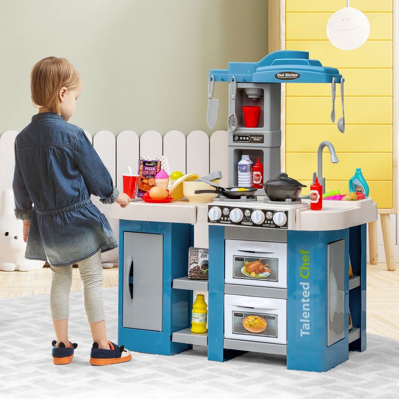 Costway  Large Plastic Play Kitchen Set W/ 67 Pcs Cooking Accessories Food &Realistic Lights & Sounds, 2 of 11