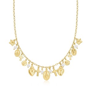 Ross-Simons Italian 18kt Gold Over Sterling Religious-Inspired Charm Necklace With 4.5-5mm Cultured Pearls. 18 inches - 1 of 3