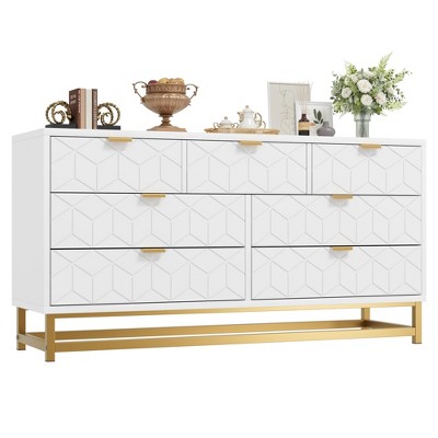 Dresser for Bedroom, Dresser Organizer, 7 Drawer Dresser with Golden Metal Handle and Legs, Modern Chest of Drawers, Large Dresser