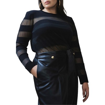 ELOQUII Women's Plus Size Sheer Stripe Sweater With Shoulder Pad