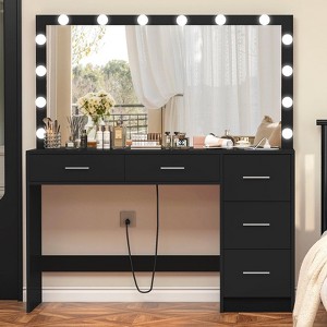USIKEY 47.2" Large Vanity Desk with Lighted Mirror, 14 Lights, Makeup Vanity Table with 5 Large Drawers & Charging Station for Bedroom - 1 of 4