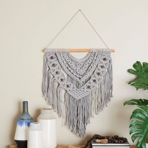 Cotton Macrame Intricately Weaved Wall Decor with Beaded Fringe Tassels Gray Olivia May