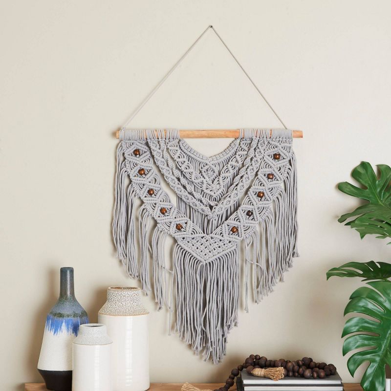 Cotton Macrame Intricately Weaved Wall Decor with Beaded Fringe Tassels - Olivia & May, 1 of 6