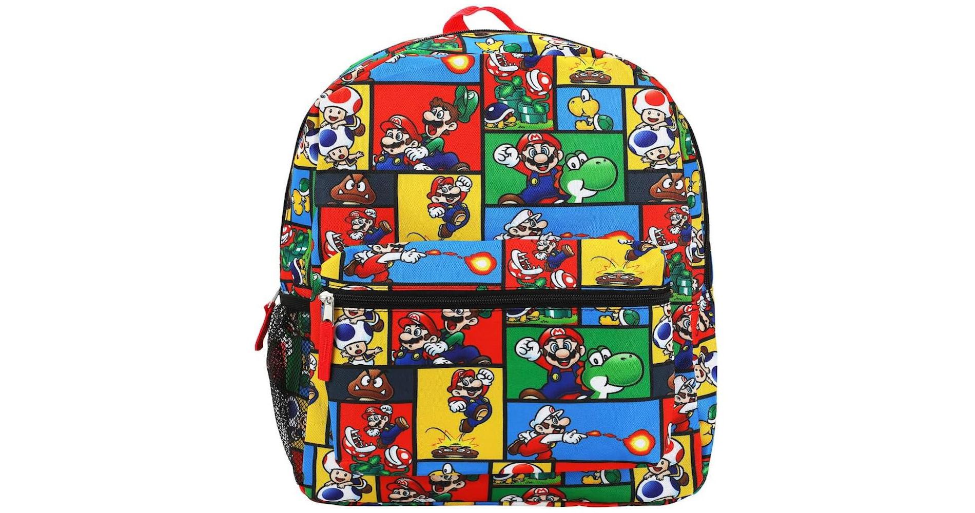 Bioworld Super Mario 16" Kids Backpack with Colorful Cartoon School Bag with Front Pocket & Side Mesh