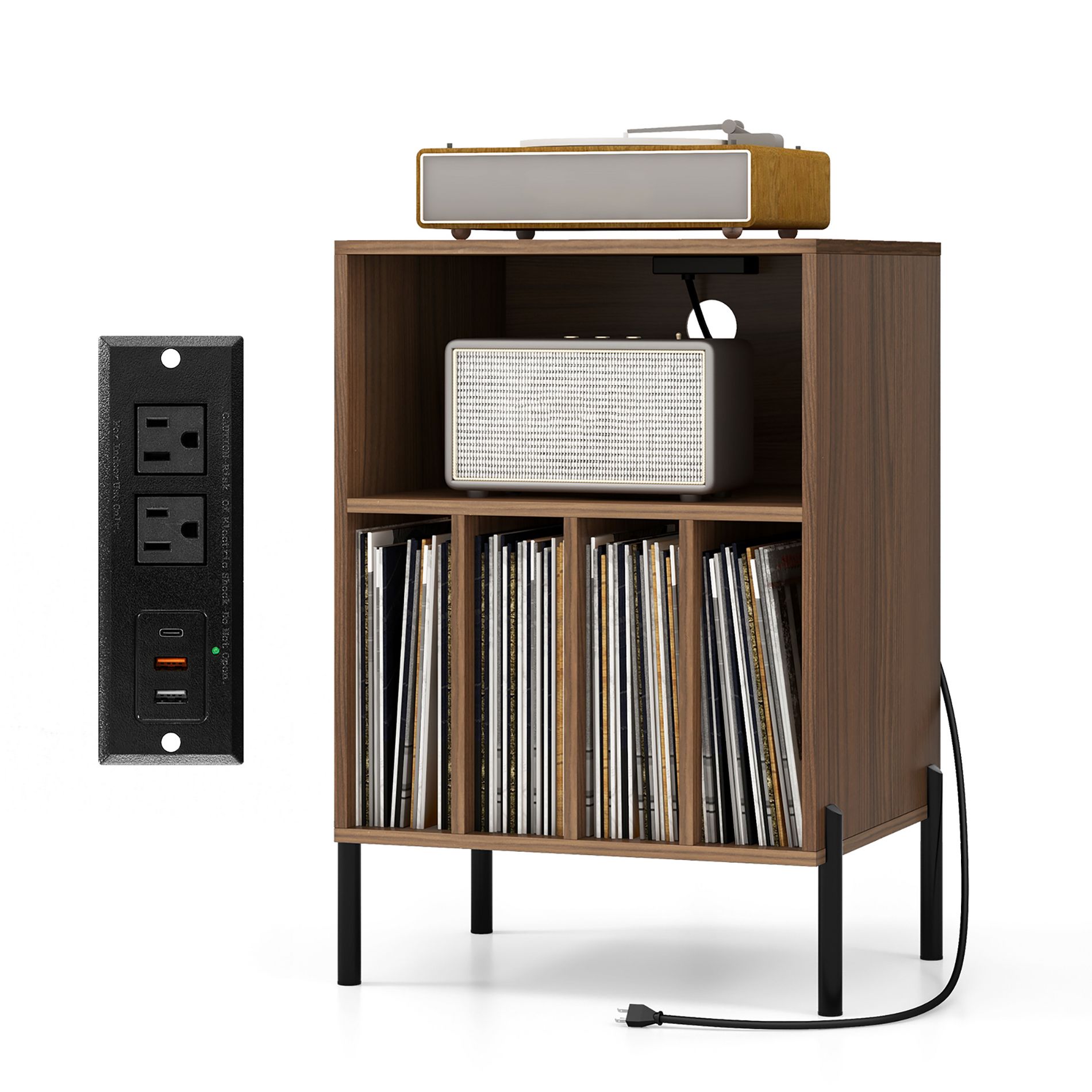 Costway Record Player Stand w/Charging Station 5 Storage Compartments Anti-toppling Kits
