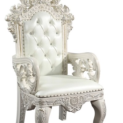 High-Back Tufted White Faux Leather & Wood Armchair Set