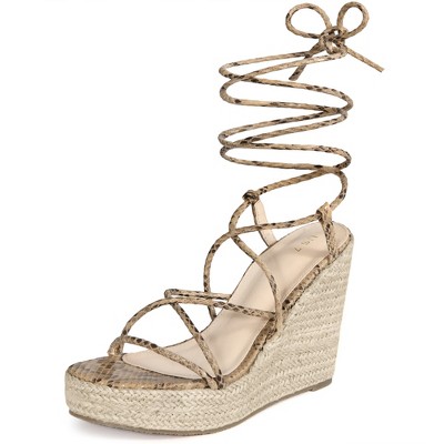 BLISSFUL STEP Women's Snake Print Open Toe Lace Up Wedge Sandals