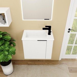 22" White Bathroom Vanity with Ceramic Sink - Space-Saving Wall-Mounted Vanity for Small Bathrooms, Soft-Close Door & Plywood Cabinet - 1 of 4
