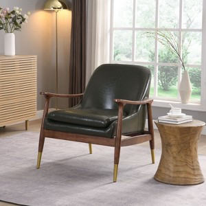 VYNXARIA 29.2in Mid-Century Faux Leather Accent Chair with Cushioned Seat,Solid Wood Frame,and Brass-Tipped Legs,Green - 1 of 4
