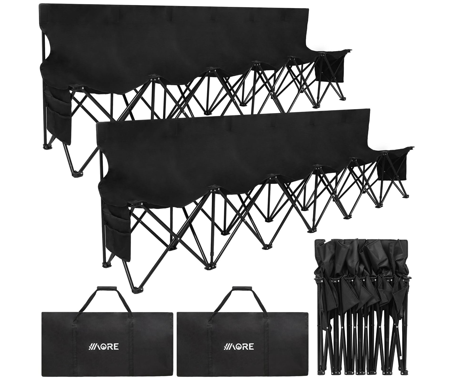 APRILSOUL Portable Folding Team Bench, 6 Seats Foldable Sideline Benches, Soccer Chair with Bag and Backrest, Adult Team Chair Black 2PACK