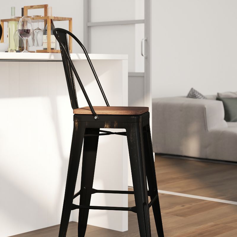 Merrick Lane Metal Dining Stool with Curved Slatted Back and Textured Wood Seat, 5 of 15