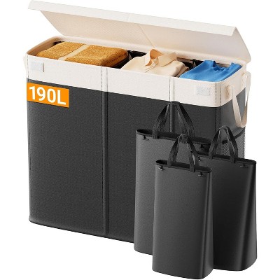 190L Laundry Hamper with Lid, Large Laundry Basket with Lid and 3 Section, Sturdy Laundry Baskets with 3 Removable Bags (L M S)