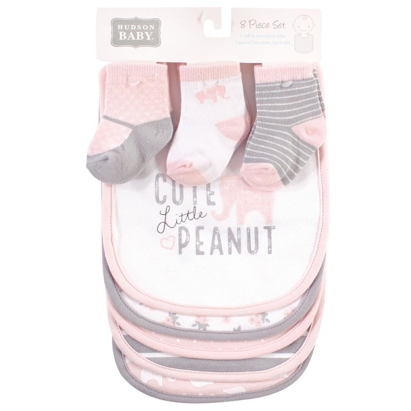 Hudson Baby Infant Girl Cotton Bib and Sock Set 8pk, Pink Elephant, 3 of 4