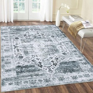 Area Rug with Non-Slip Rubber Backing - Washable Low Pile Non-Shedding Carpet Distressed Floor Cover for Living Room Bedroom - 1 of 4