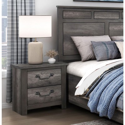 Vynxaria 1pc Traditional Nightstand - Gray Finish, 2 Dovetail Drawers, Premium Melamine Board, Gunmetal Handles, Bedroom Bedside Cabinet