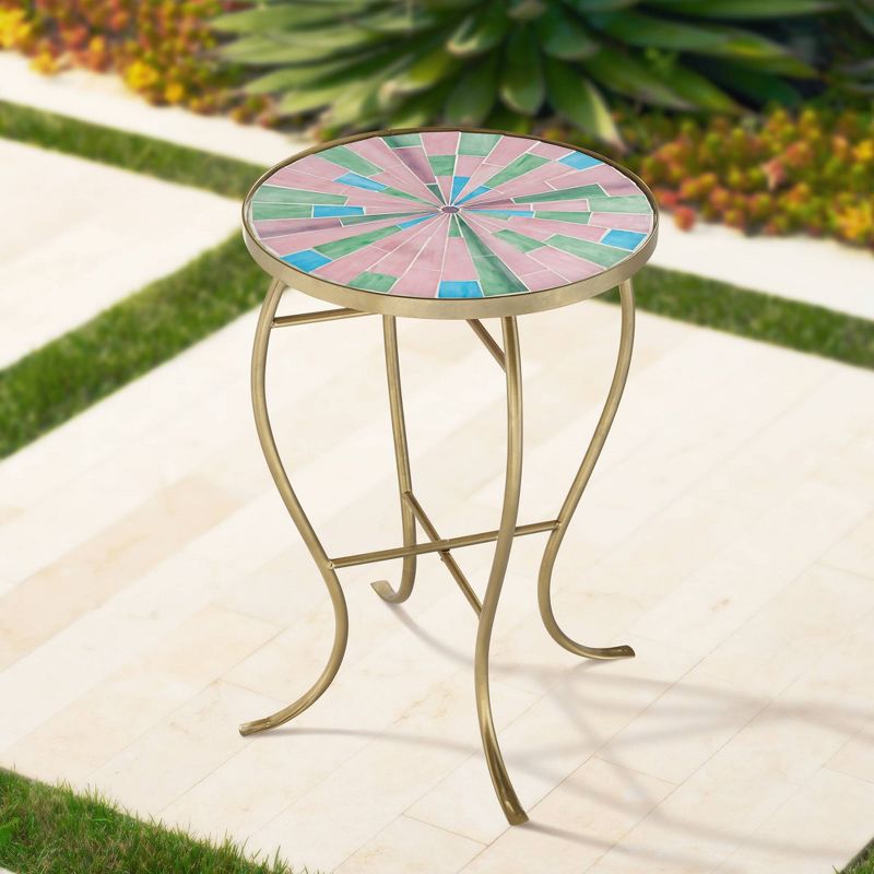 Teal Island Designs Modern Gold Round Outdoor Accent Side Table 14 1/4" Wide Pink Green Mosaic Tabletop for Front Porch Patio House Balcony, 2 of 8