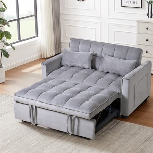 PexFix 3 in 1 Convertible Sleeper Sofa Bed Pull Out Couch Adjustable Backrest Velvet Loveseat Futon Sofa with Pillows for Living Room Apartment Gray - 1 of 4