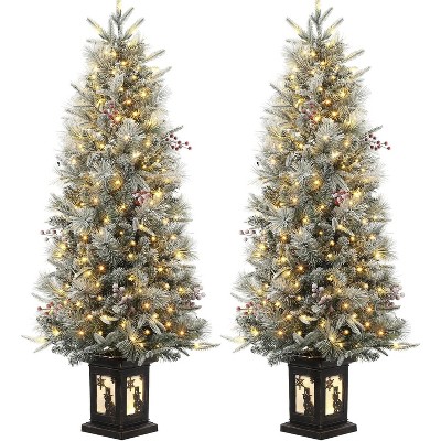 4.5 FT Pre-Lit Snow Flocked Potted Christmas Tree with 200 Warm White Lights, 8 Modes, 12 Red Berries, 286 PE & PVC Tips