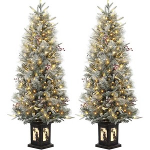 4.5ft Artificial Christmas Tree with 108/200/300 Warm LED Lights for Home, Entrances, Prelit Snow Flocked Xmas Tree, Retro Pot - 1 of 4