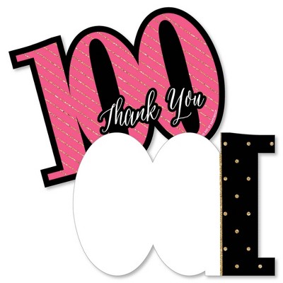 Big Dot of Happiness Chic 100th Birthday - Pink Black & Gold - Shaped Thank You Cards - Birthday Party Thank You Note Cards with Envelopes - Set of 12