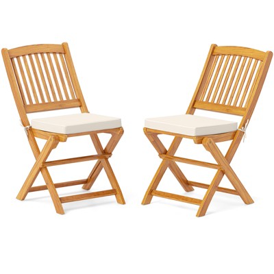 Tangkula Patio Folding Chair Set of 2 Portable Acacia Wood Dining Chairs with High Back & Seat Cushions Beige/Navy/Red