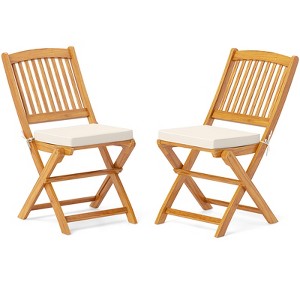 Tangkula Patio Folding Chair Set of 2 Portable Acacia Wood Dining Chairs with High Back & Seat Cushions Beige/Navy/Red - 1 of 3