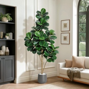 Artificial Fiddle Leaf Fig Tree in Grey Pot, Realistic Faux Ficus Lyrata with 108 Leaves & Weighted Cement Base for Indoor Home Office Decor - 1 of 4