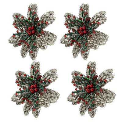 Silver Beaded Flower Napkin Rings Set of 4