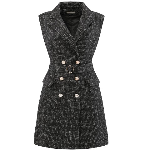 Женские платья INSPIRE CHIC Women's Sleeveless Tweed Collared Belted Button Down Work Blazer Dress Black Small