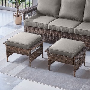POCASSY Outdoor Ottomans Set of 2, All Wicker Rattan Patio Footrest Ottoman with Cushion - 1 of 4