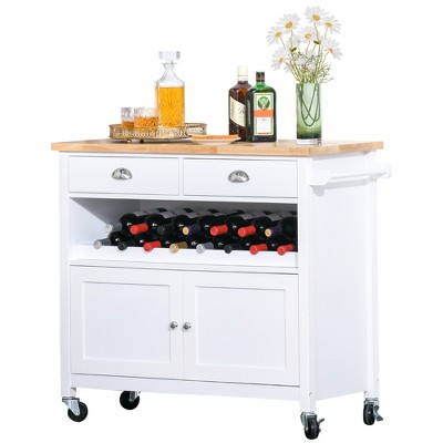 HOMCOM Rolling Kitchen Island Trolley Storage Cart with Rubberwood Top Drawer Wine Rack Towel Rack and Hooks White