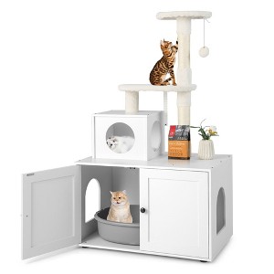 Costway 2-in-1 Wooden Litter Box Enclosure with Cat Tree Hidden Washroom Furniture White/Brown/Gray - 1 of 4