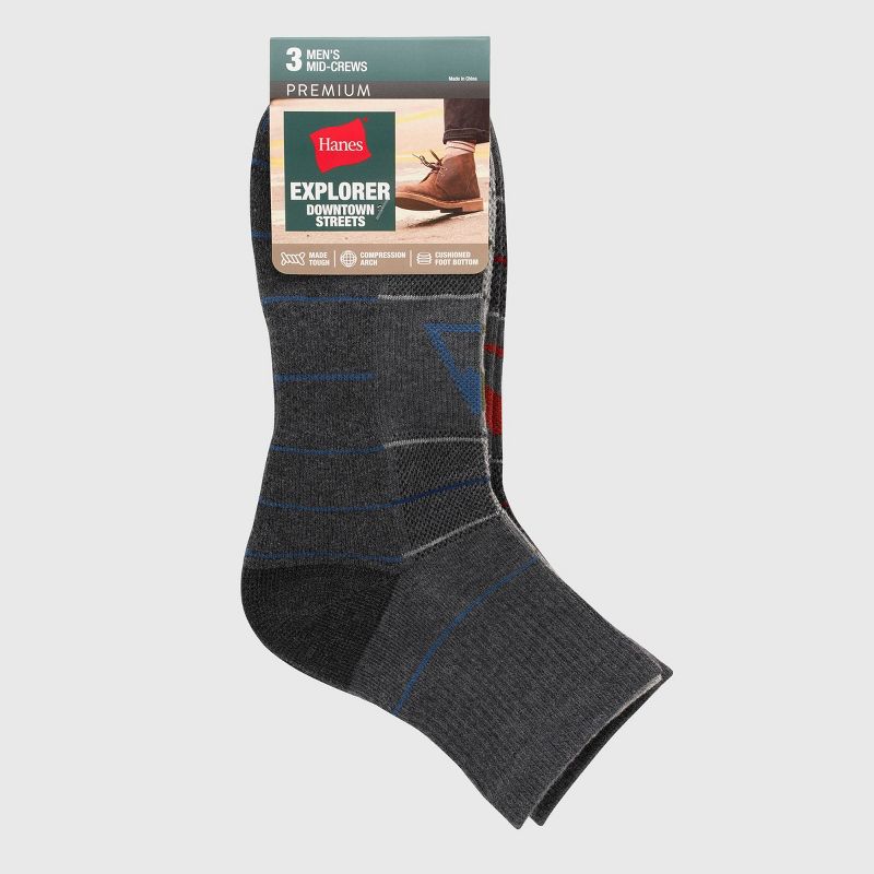 Hanes Premium Men&#39;s Striped City Streets Explorer Ankle Socks 3pk - Gray 6-12, 3 of 4