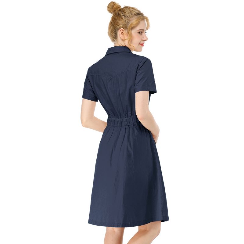 Allegra K Women's Point Collar Front Elastic Waist Drawstring Above Knee Shirt Dress with Pocket, 6 of 8