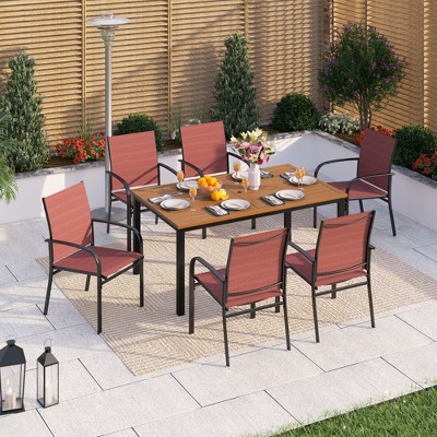 Captiva Designs 7pc Patio Dining Set Wood-look Rectangle Table with Umbrella Hole & Sling Fixed Chairs