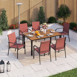 Captiva Designs 7pc Patio Dining Set Wood-look Rectangle Table with Umbrella Hole & Sling Fixed Chairs - 1 of 4