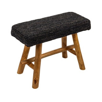 Storied Home Woven Mendong and Teakwood Stool, Black