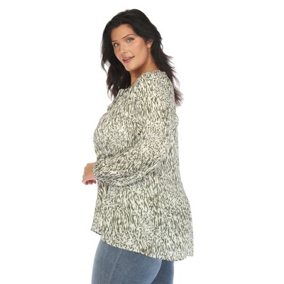 Plus Size Printed Peasant Blouse-White Mark