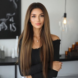 Jessie's Wig 30 Inch Straight Wig Synthetic Hair 13x3.5 Lace Wigs Brown Color With Honey Blonde Highlights 1 Pc/Pack - 1 of 4