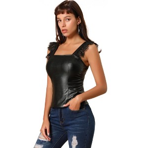 Allegra K Women's Lace Trim Party Faux Leather PU Tank Top - 1 of 4