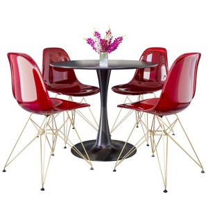 LeisureMod 5-Piece Dining Set with 35" Round Iron Pedestal Dining Table and 4 ABS Plastic Side Chairs with Gold Base - 1 of 4