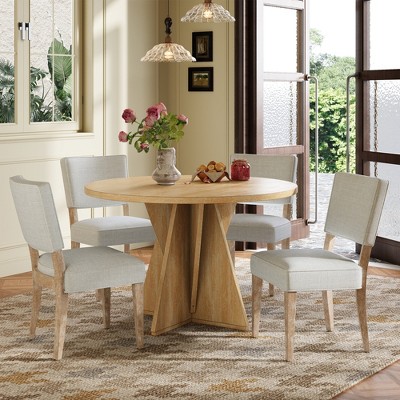 5 PCS Round Dining Table Set Dining Set Kitchen Table Set with 4 Upholstered Chairs, Retro Farmhouse, Natural Wood Wash/Espresso-Modernluxe