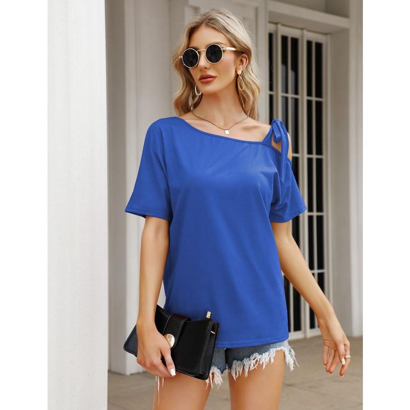 Womens Asymmetric Tee Open Shoulder Shirts One Shoulder Strape Tops Short Sleeve Tee Tops, 5 of 7