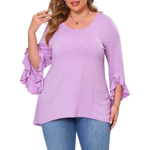 Womens Plus Size Tops 3/4 Ruffle Sleeve Shirts Loose V-Neck Dressy Casual Tunic Blouses - 1 of 4