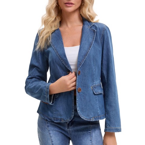 INSPIRE CHIC Women's Notched Lapel Collar Long Sleeve Button Back Slit Fitted Denim Jacket X-Large Blue