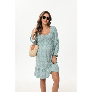A heart-shaped collar long sleeved printed short maternity dress with leopard green print (print) Leopard green print_XXL - 1 of 4
